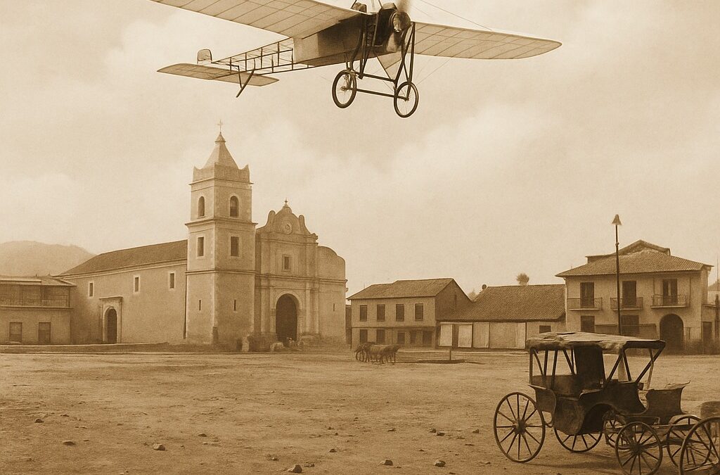 Imagen que recrea el primer vuelo en Panamá sobrevolando la Iglesia de Santa Ana en 1912