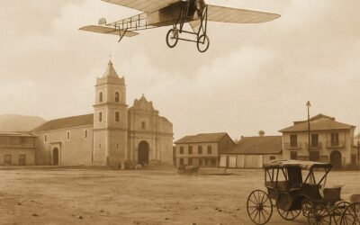 Imagen que recrea el primer vuelo en Panamá sobrevolando la Iglesia de Santa Ana en 1912